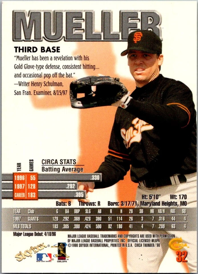 1998 Circa Thunder #32 Bill Mueller - Image 2 of 2