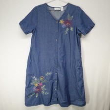 VTG Denim Dress Womens Large Blue Cottage Floral Embroidered Pockets
