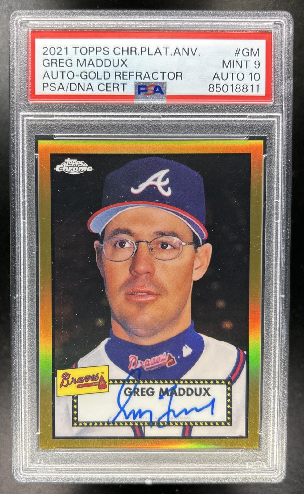 2021 Topps Chrome Platinum Greg Maddux Auto Gold Refractor #/50 Braves PSA 9 view 1