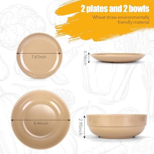 4-Piece Wheat Straw and Resin Dinnerware Sets - 2×7.6" Plate and bowl