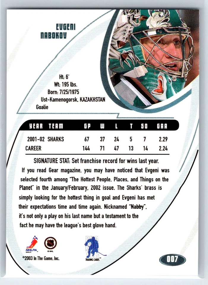 2002-03 Be a Player Signature Series Evgeni Nabokov San Jose Sharks #007 - Image 2 of 2