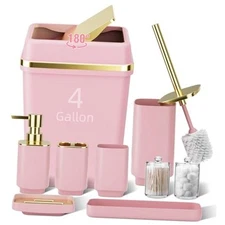 9PCS Bathroom Accessory Set Bathroom Set 4 Gallon Trash Can Bathroom Set Pink