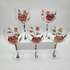 Juego de 5 copas de vino Block Basics Garden Rose 8,5" de alto pintadas a mano NUEVAS CON ETIQUETAS.