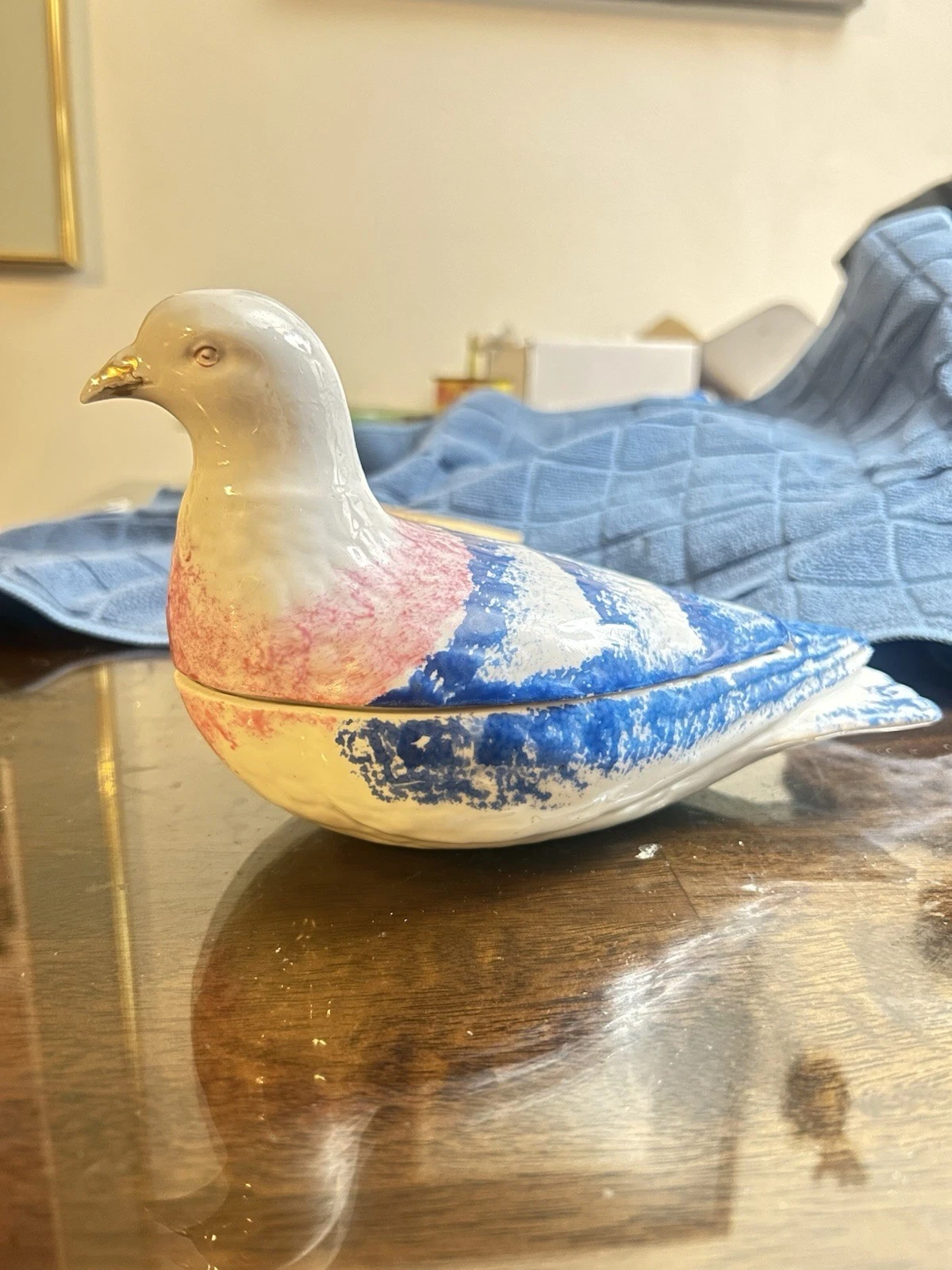 Russian Butter Dish Dove Bird Vintage Porcelain Hand Painted Blue White Pink