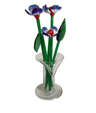 Glass Flowers Leaves & Vase Blue Red & White Flowers Lamp Work