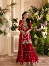 New Designer Red Faux Georgette Kurta Palazzo With Dupatta For Wedding