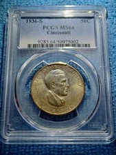 1936 S Cincinnati Commemorative Half Dollar PCGS MS64 Solid Original Luster