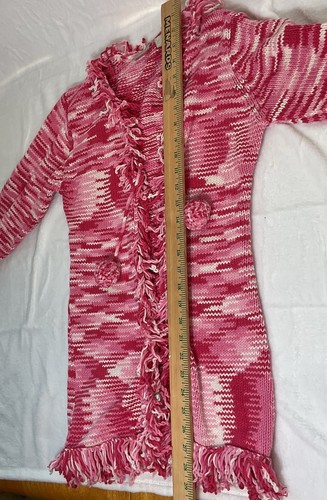 Field Gear Kids XL (16) Pink Open Cardigan Girls Long Sweater Fringe Pom Pom Tie - Picture 6 of 6