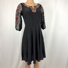Anthropologie Mirabilis Floral Embroidered Silk Dress Fit Flare 3/4 Sleeve Sz 6