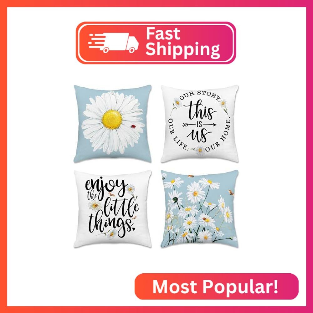 Hexagram Spring Summer Pillow Covers 18x18 Set of 4, Floral Daisy Outdoor Decora