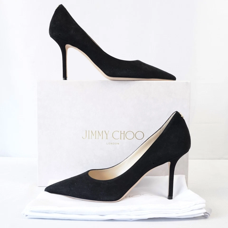 Jimmy Choo Love 85mm Pointed JC Emblem Pumps In Black Suede - Women's Size EU 40