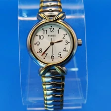 Vintage Timex Cavatina 30mm Women's Quartz Watch Two Tone SS Stretch Bracelet