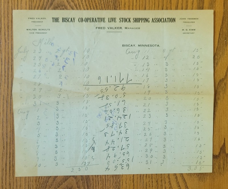 Biscay MN, Coop Livestock Assoc. letterhead/stationery, pencil milk/bread sales