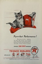 1946 Texaco Fire Chief Gasoline Print Ad &ldquo;Purrr-fect Performance&rdquo; Kitten Helmet