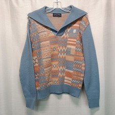 Vtg Robert Bruce Geometric Knit Sweater Blue Orange XL USA Made Sailor Collar