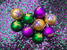 Set 9 Shatterproof Mardi Gras Round Ornaments Christmas purple gold green 1.5"