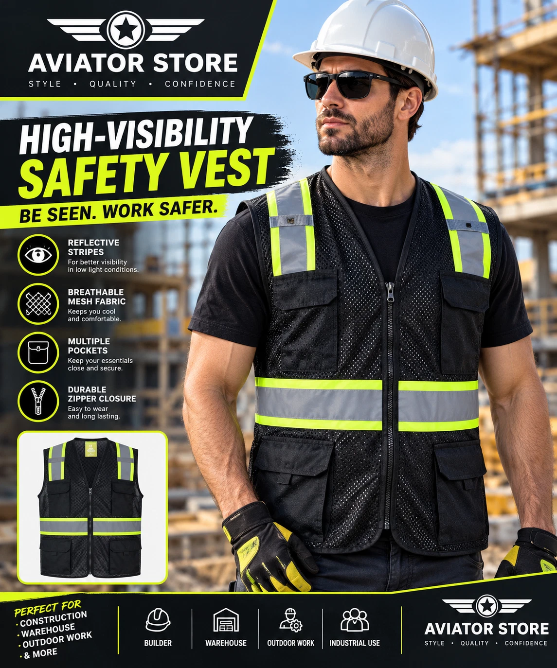 Super Duty Mesh High Visibility Safety Vest for Operations Black, Yellow, Orange - product detail image 9