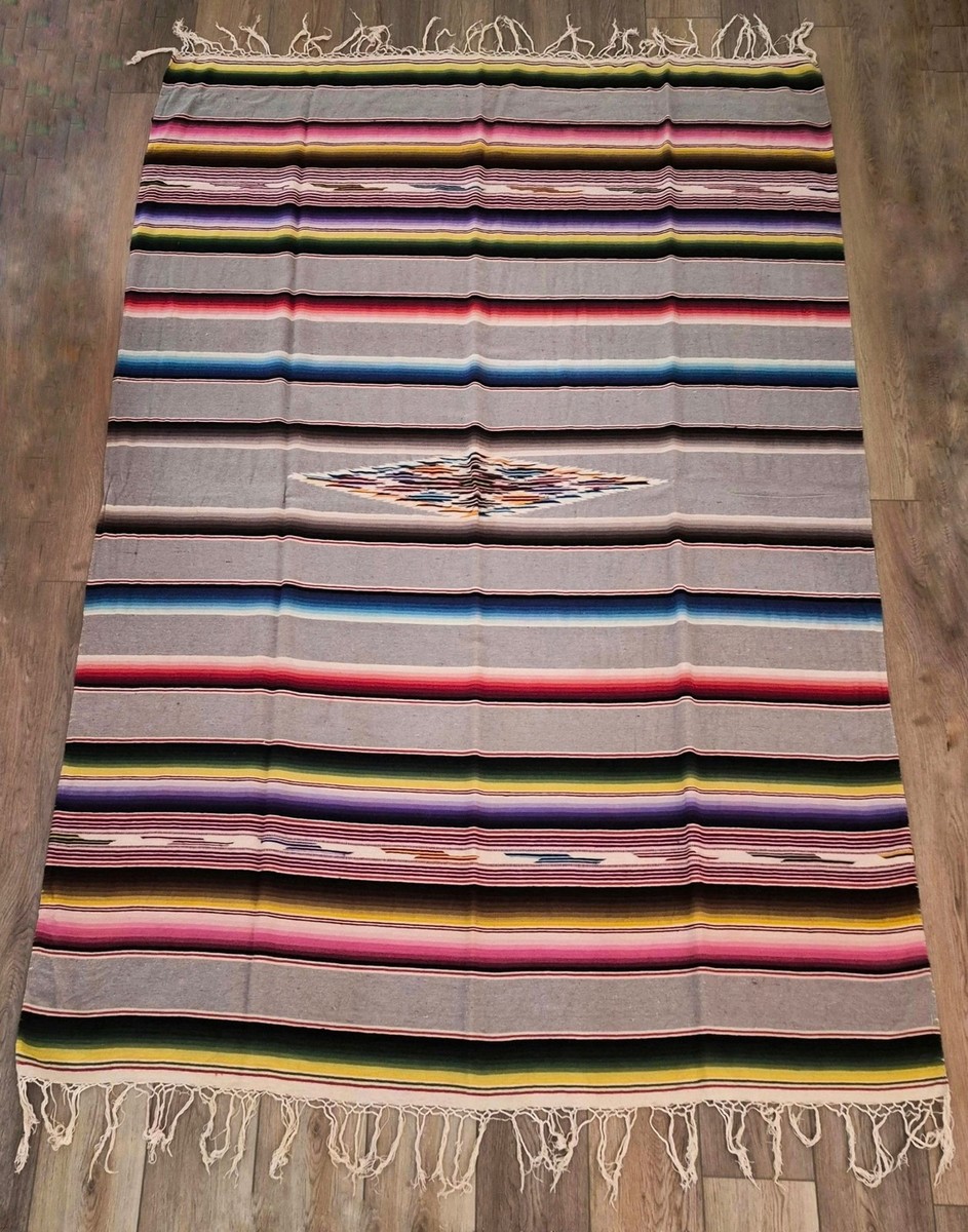 Vintage Handwoven Mexican Saltillo Serape Blanket Gray Multicolor