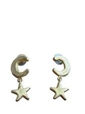 Goldtone Celestial Crescent Moon Star Dangle Earrings Statement Y2K Whimsygoth 