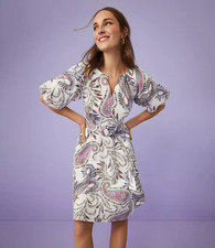 Loft NWT Linen Blend Paisley Print Puff Sleeve Belted V-neck Dress Size 8