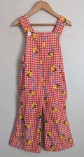 Vtg 70s Kids Overalls Red SAILBOAT Print 4T USA Made Flares Retro Mod Romper