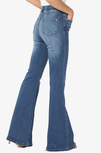 TheMogan Elastic Waist High Rise Full Length Stretch Denim Flare Leg Jeans - Picture 24 of 26
