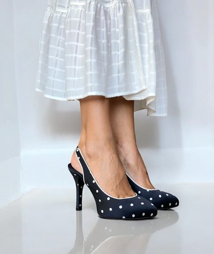 DOLCE & GABBANA Black Satin Polka Dot Slingback Pointed Toe Pumps, Size 37 - Picture 2 of 14