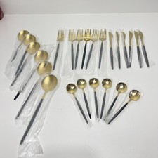 24 Pc Stainless Steel Tableware Forks Soup  T Spoons Knives Gold Black Handle