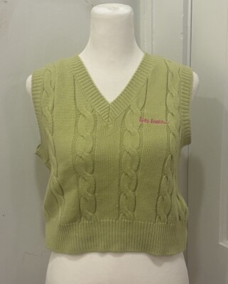 IETS Frans Urban Outfitters Cropped Sweater Vest S Green Cable Knit Y2K Preppy