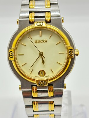 Exc+5] GUCCI 9000M White GOLD SILVER DATE Quartz VINTAGE Working