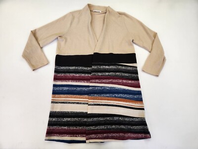 Chris Carol Gray Beige Stripe Open Front Cardigan Sweater Large Long  Sleeve