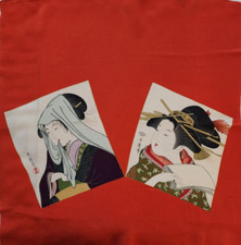 Vintage red Japanese Geisha scarf, crepe, 27" X 29"