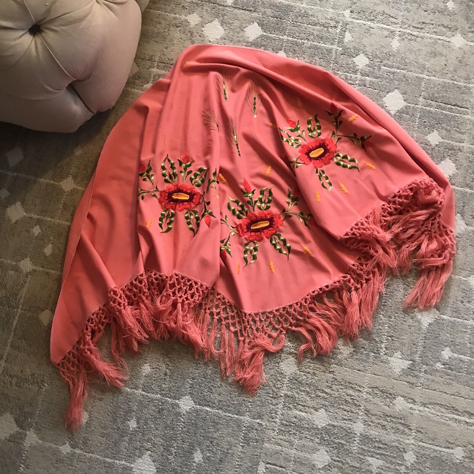 Vintage 60's 70's Embroidered Mexican Fringe Wrap… - image 1