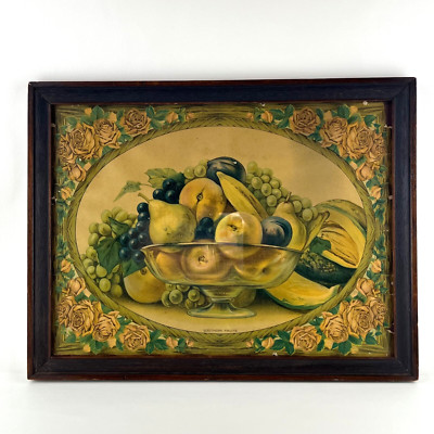 Southern Fruits Lithograph Print Fruit Bowl Roses Moody Colors Wood Frame 17x13