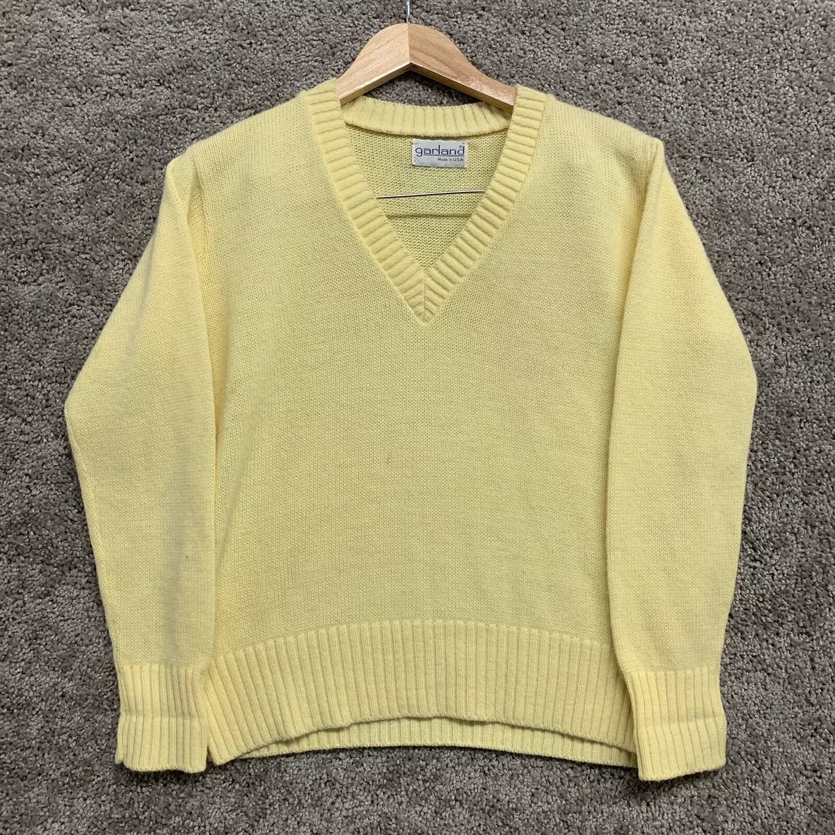 vintage 80s garland womens deep v neck sweater made in usa yellow acrylic Medium