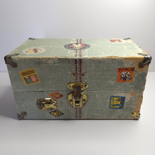 Vintage Puppe Dampfgarer Reise Koffer Papier gewickelt Holz Aufkleber 30er-40er Jahre - Bild 3 von 16