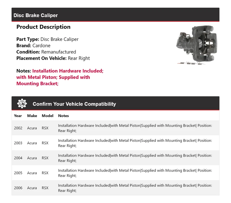 Pinza de freno de disco trasera derecha Cardone 2003 2004 2005 para Acura RSX 2002-2006 Foto 2 de 4