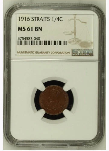 1916 Straits Settlements KG V NGC MS 61 Bronze Coin 1/4 Cent
