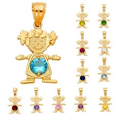 14KY Birthstone CZ Girl Pendant, Baby Charm 17mm 12mm, Birth Month Jewelry