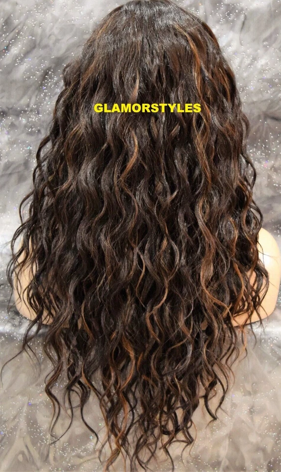 PERUCA COMPLETA FRENTE DE RENDA LONGA CAMADA ONDULADA PARTE MÉDIA MARROM AUBURN MIX CALOR OK NOVA COM ETIQUETAS - Imagem 4 de 4