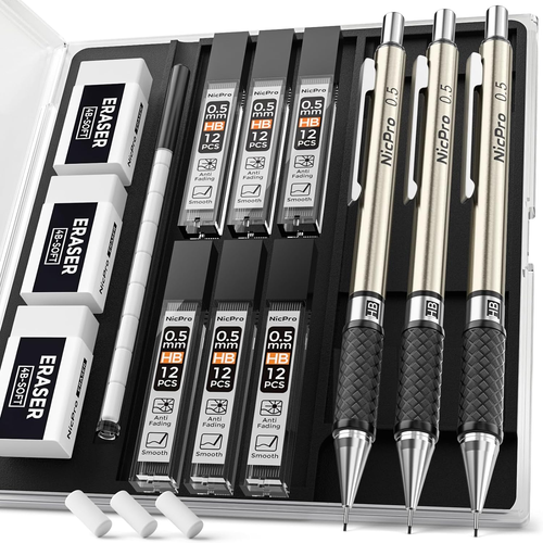Nicpro 0.5 Mm Art Mechanical Pencil Set in Storage Case, 3 PCS Metal Drafting - Picture 8 of 12