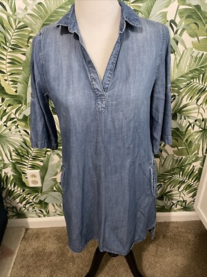 Womens Cloth Stone Blue Chambray 3/4 Sleeve Shirt Dress
