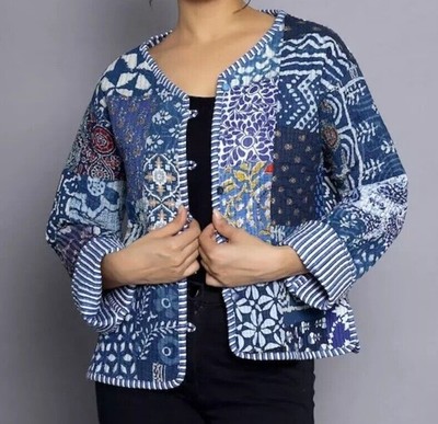 Indian Blue Patchwork Jackets Woman's Comfort Stylish Coats, Fashionable Jacket