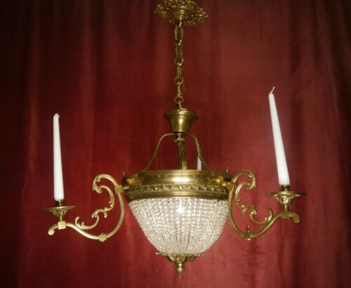 RARE ANTIQUE CANDLE BASKET CHANDELIER SHINY BRASS FINE GLASS PEARL CHAINS Ø 28" - Picture 1 of 9