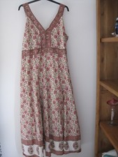 EAST Sz 18 INDIAN BLOCK PRINT MIDI MAXI DRESS BN CREAM CORAL BUGLE BEADS SEQUINS