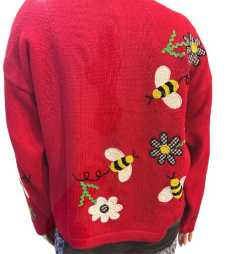 Vtg 80, 90s Design Options By Philip & Jane Gordon Sweater/Cardigan Bees Flowers - Picture 3 of 18