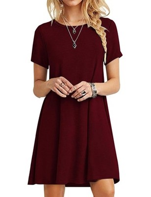 MOLERANI Women's Casual Plain Simple T-Shirt Loose Dress(Wine Red,M)