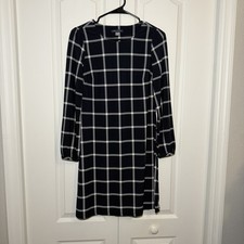 Tommy Hilfiger Navy Blue & Cream Long Sleeve Windowpane Plaid Shift Dress 6P