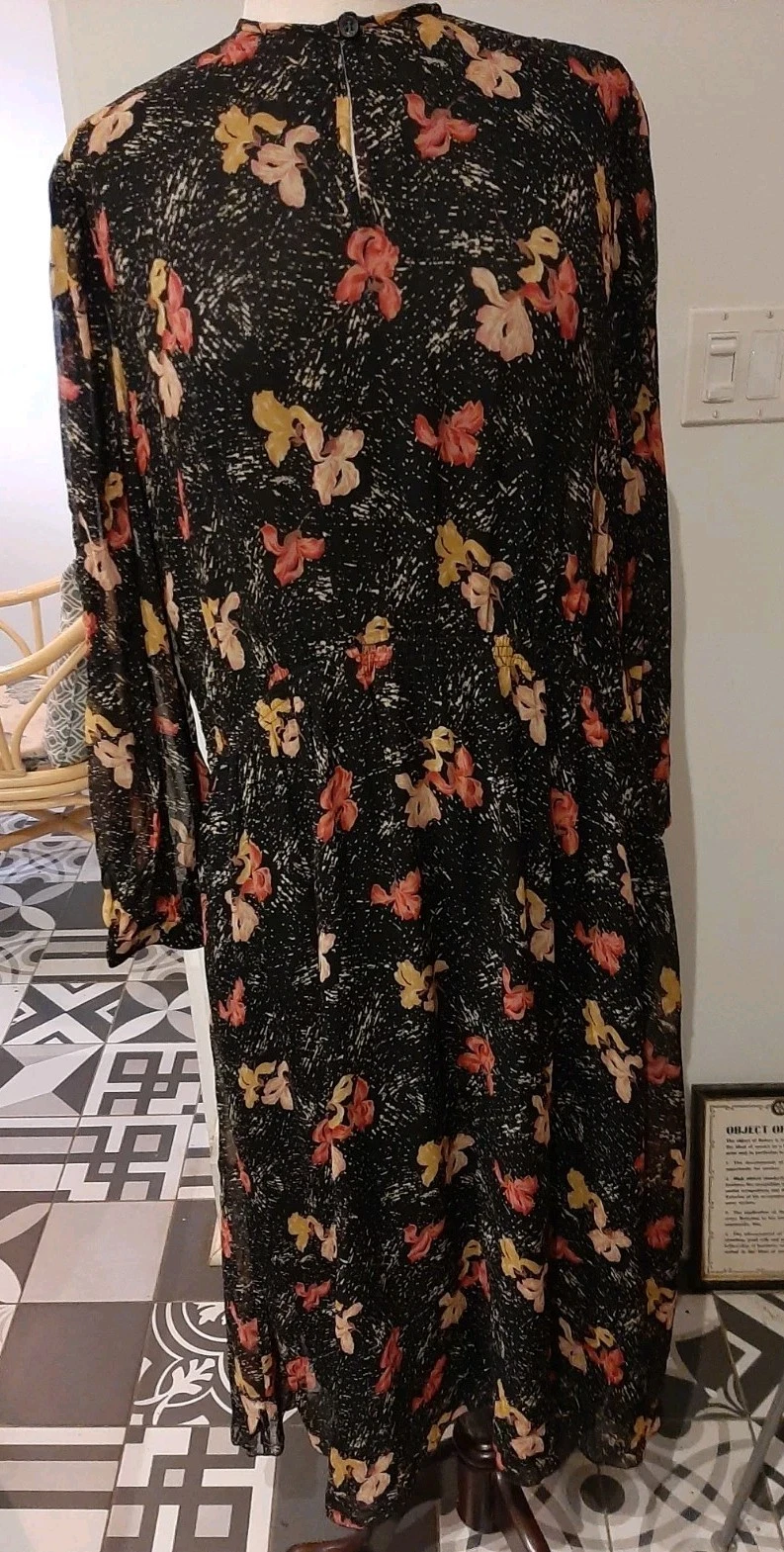 Vintage 70s Genesis of London black floral long sleeve dress sz 16 Bust 38 Visco