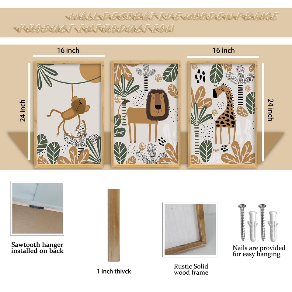 Arte de Pared Animales Safari Bebé 16"x24" Conjunto de 3 Marco de Madera Boho Habitación Niño Niña... Foto 2 de 4